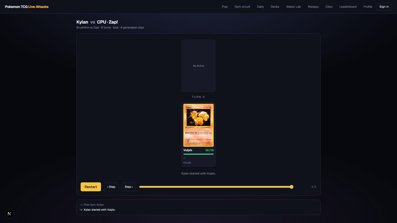 Board view of a shared replay with Vulpix in the active spot
