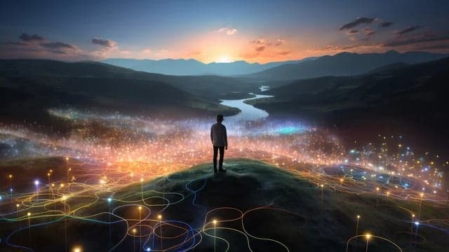 Generated stock image: a figure overlooking a glowing data landscape at dusk