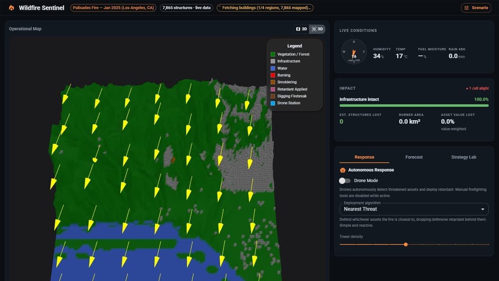 Wildfire Sentinel 3D terrain view with wind vectors over vegetation, water, and infrastructure